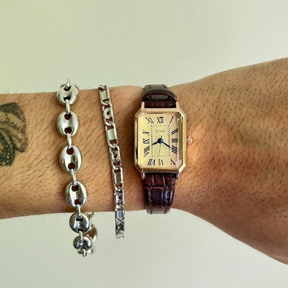 2000s vintage style cute rectangle brown leather luxury watch - Picture 7 of 8